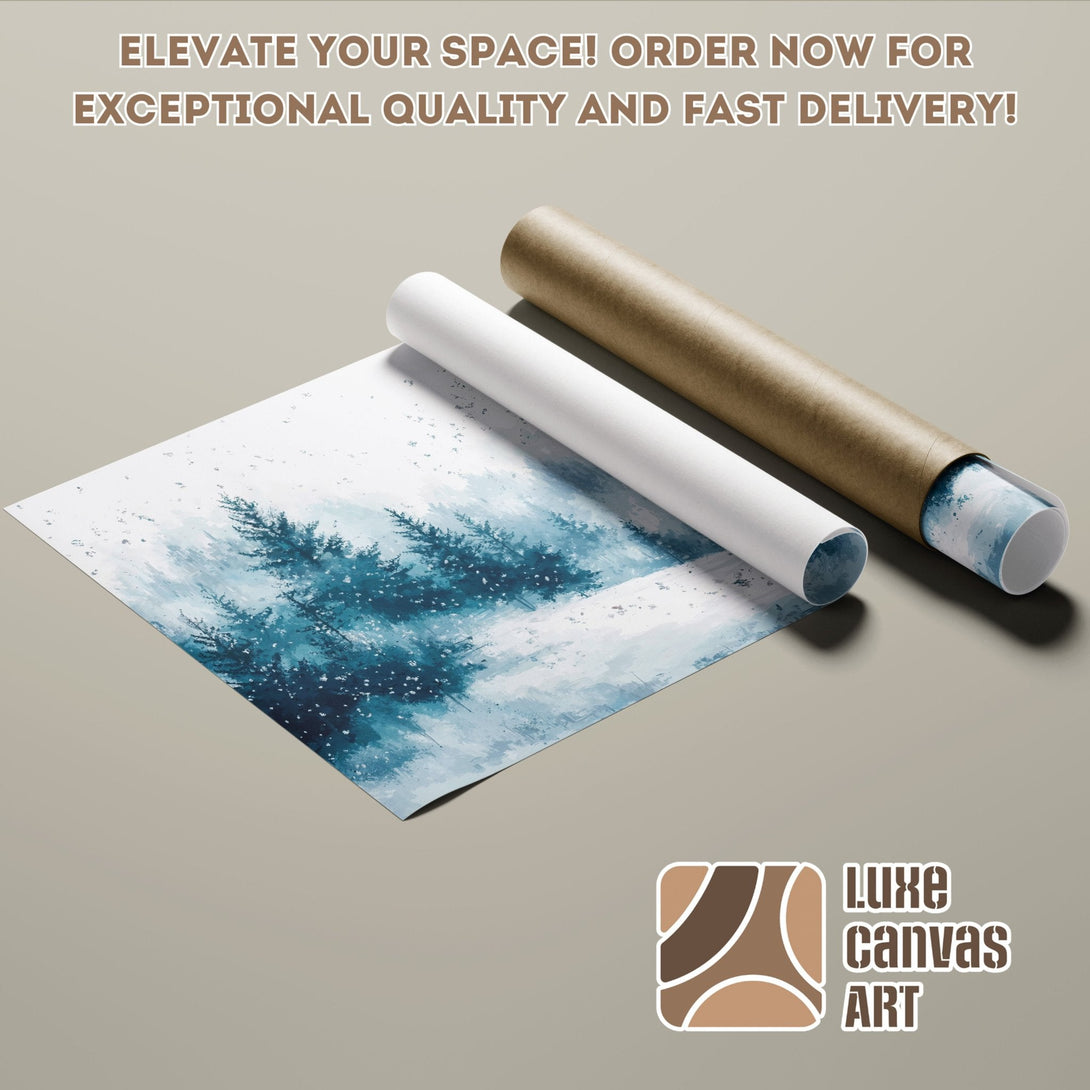 Winter forest Poster Roll, blue and white art print, perfect for home decor.