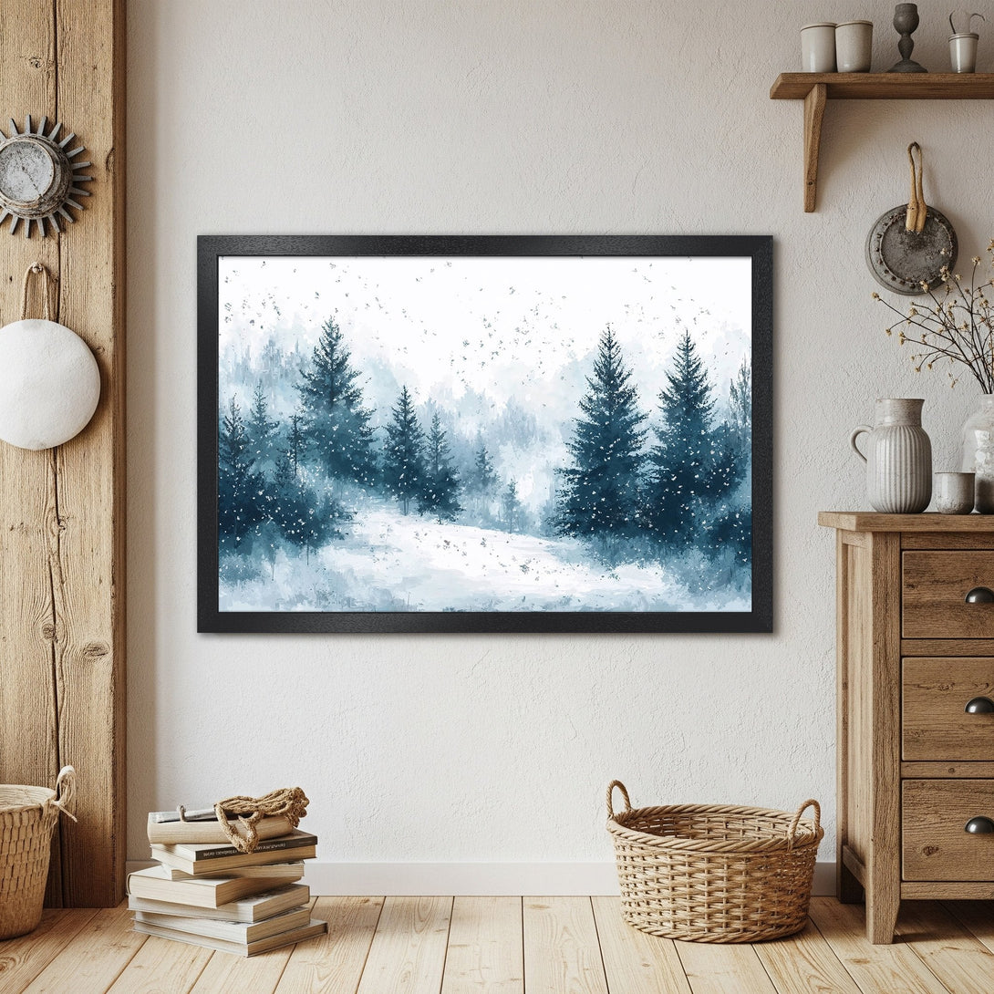 Framed Poster featuring a winter forest scene in a watercolor style, with a blue and white color palette. Perfect for home decor.