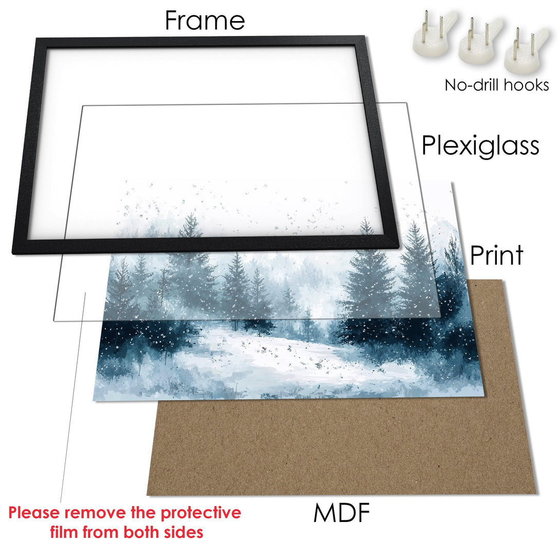 Framed Poster featuring a serene winter forest scene in a cool blue and white palette. Perfect wall art!