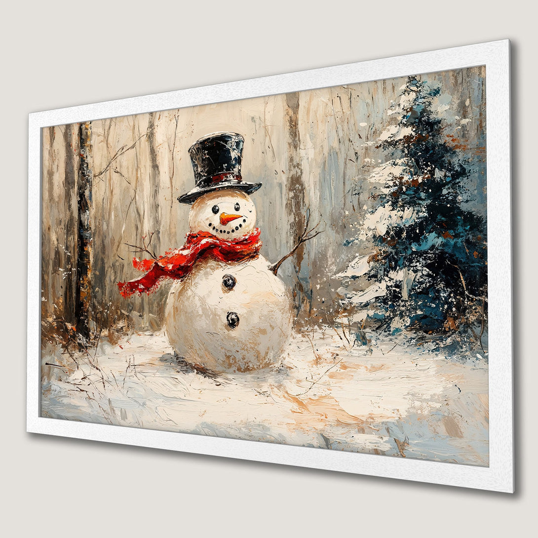 Framed Poster of a whimsical snowman in a snowy forest. Impressionistic style with a warm, neutral palette and pops of red and blue. Perfect winter decor!