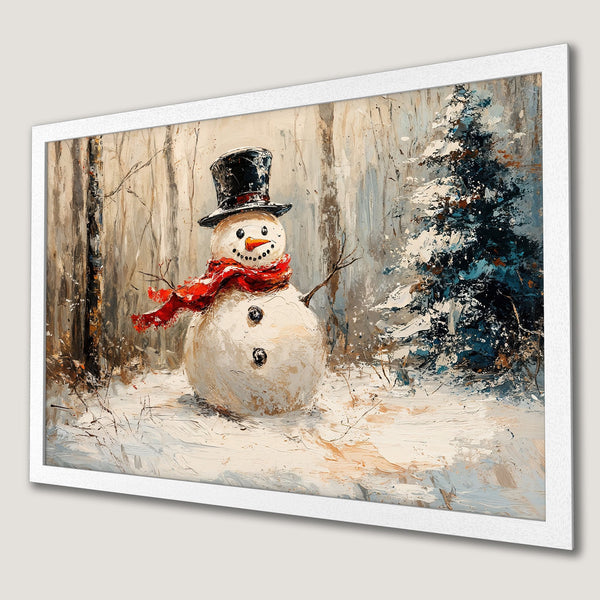 Framed Poster of a whimsical snowman in a snowy forest. Impressionistic style with a warm, neutral palette and pops of red and blue. Perfect winter decor!