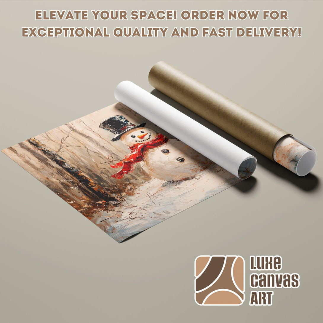 Poster Roll featuring a snowman painting, impressionistic style, neutral and red color palette. Order now!