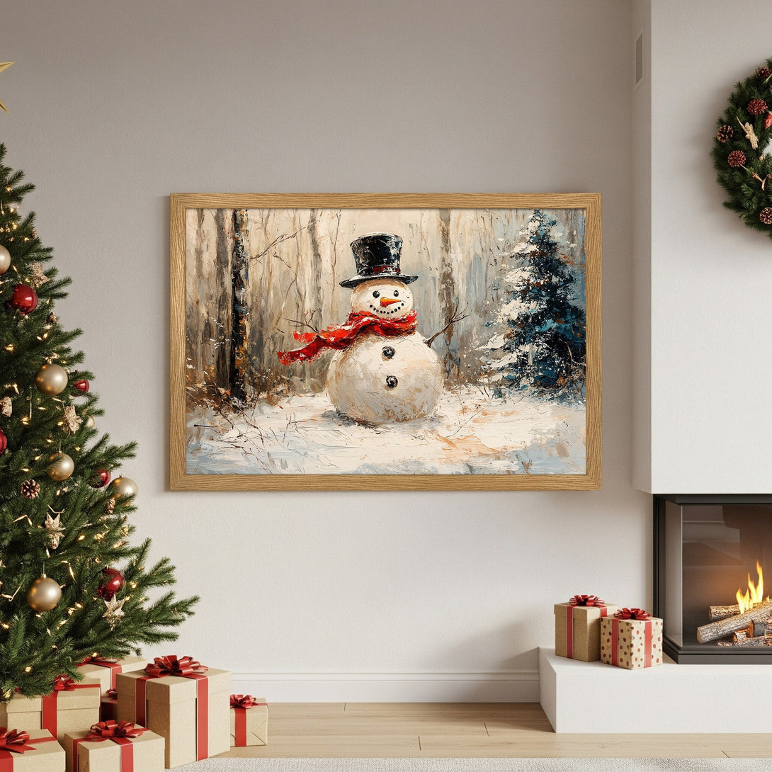 Framed Poster featuring a snowman in a winter forest, painted in a warm, impressionistic style. Earthy tones with pops of red.