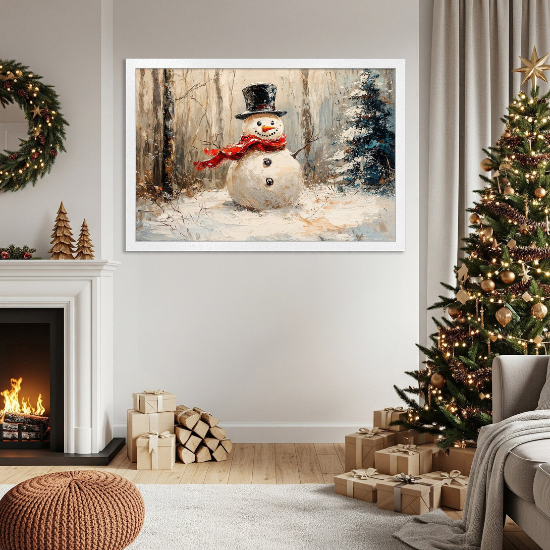 Framed Poster featuring a snowman in a winter forest, painted in a textured style with a neutral and blue color palette, perfect for holiday decor.