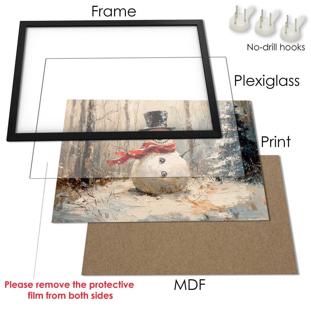 Framed Poster featuring a winter snowman painting in neutral tones. Perfect holiday decor!