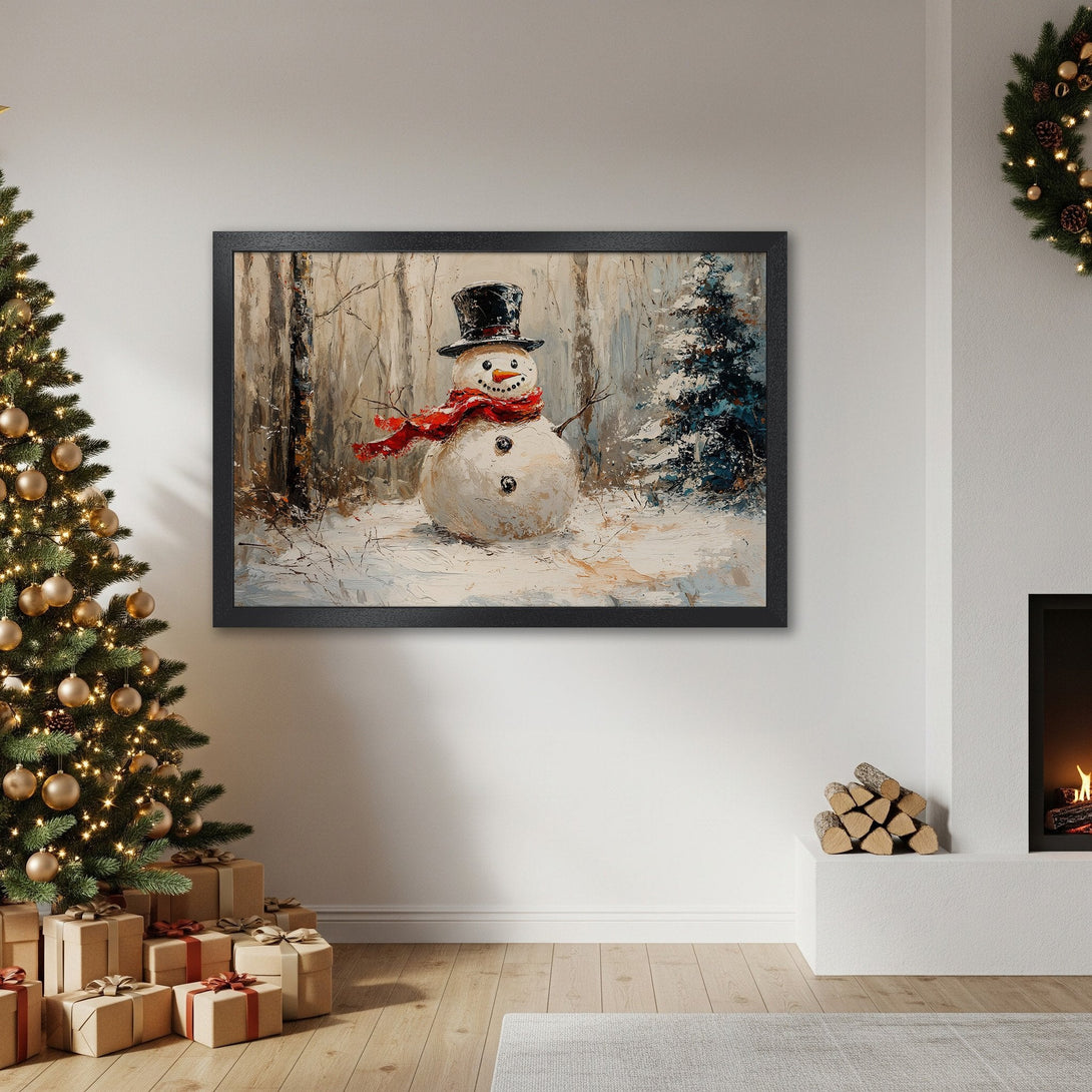 Framed Poster featuring a snowman in a winter forest, oil painting style, with a neutral and red color palette. Perfect Christmas decor!