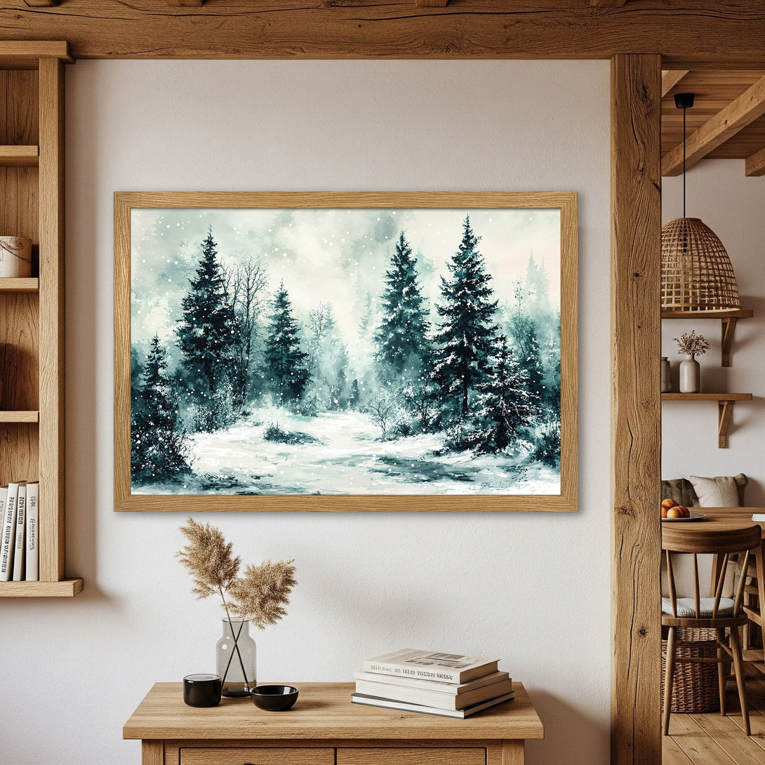 Framed Poster of a winter forest scene. Watercolor style art with a cool blue and green color palette. Perfect wall decor!