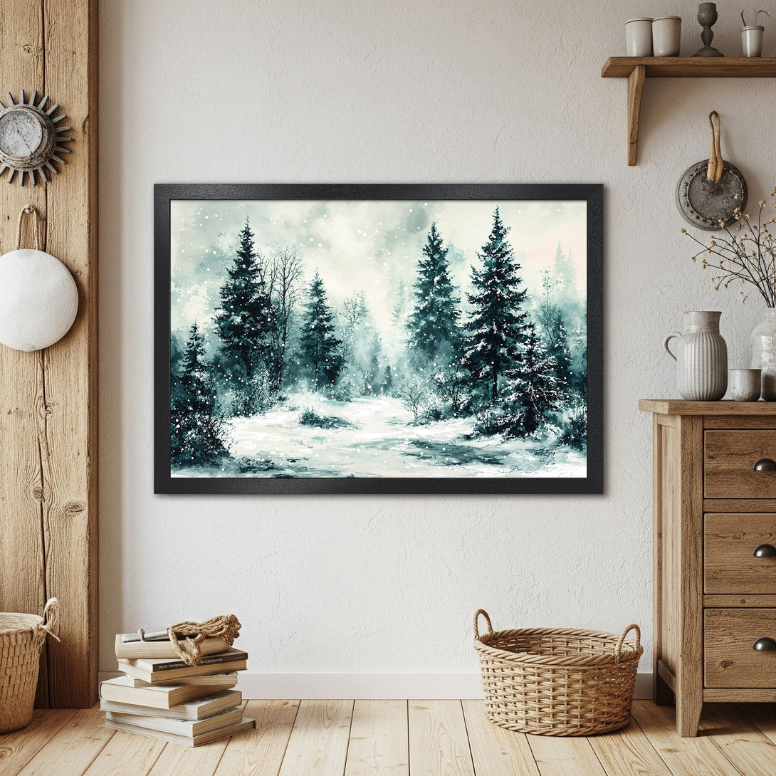 Framed Poster featuring a winter forest scene in watercolor style, with a cool blue and white color palette. Perfect wall art for your home.