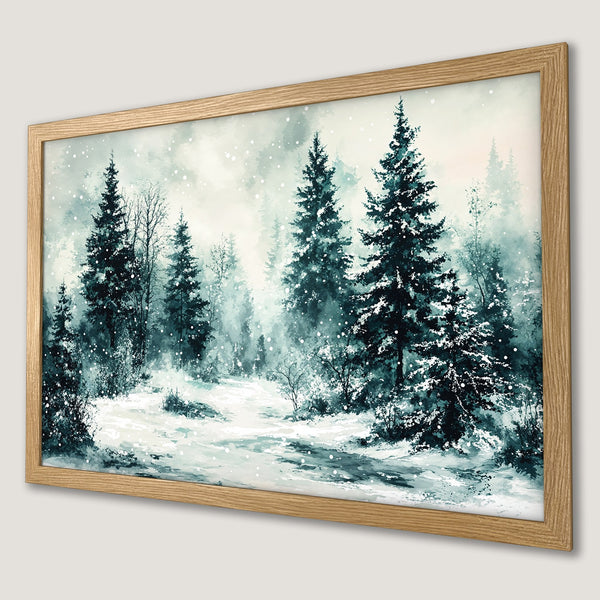 Framed Poster featuring a serene winter forest scene in watercolor style, with a cool teal and white color palette.