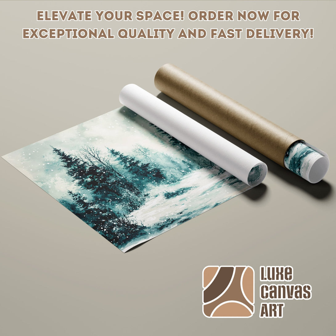Poster Roll featuring a teal and white winter forest, artistic style, cool color palette.