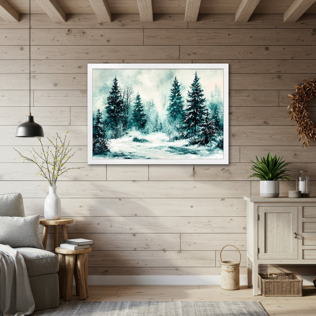 Framed Poster of a winter forest scene in watercolor style, featuring a cool blue and white color palette. Perfect for adding a touch of nature.
