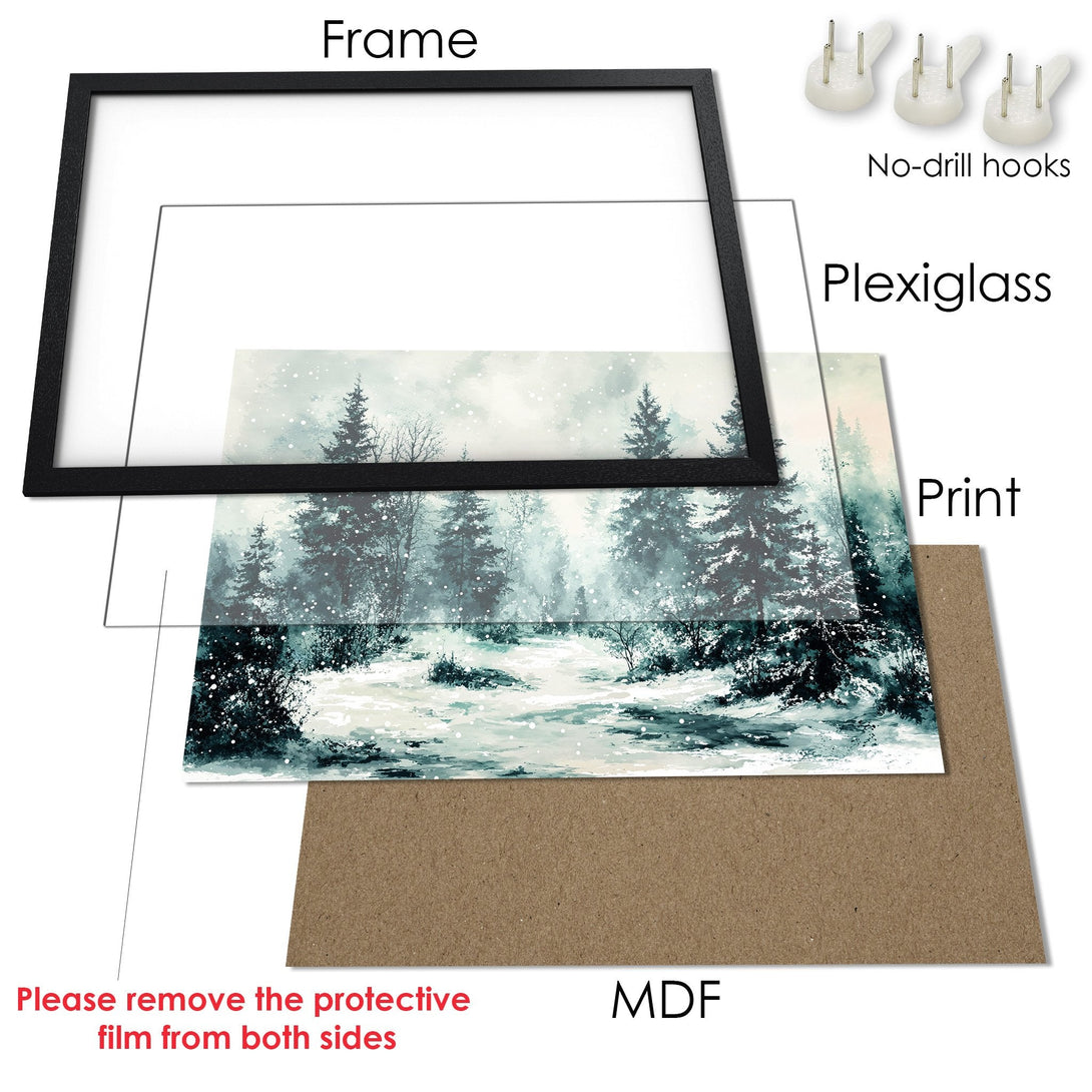 Framed Poster featuring a serene winter forest scene. Watercolor style with cool blue and gray tones. Perfect wall art for your home!