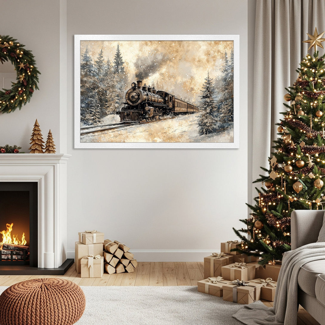 Framed Poster featuring a vintage train in a snowy forest, warm neutral tones, perfect holiday decor.