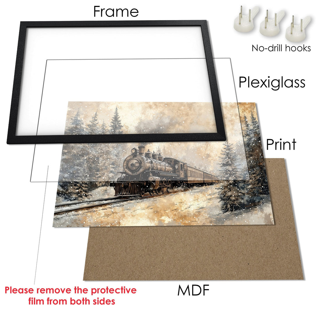 Framed Poster featuring a vintage train in a snowy landscape. Warm, neutral color palette. Perfect for home decor.