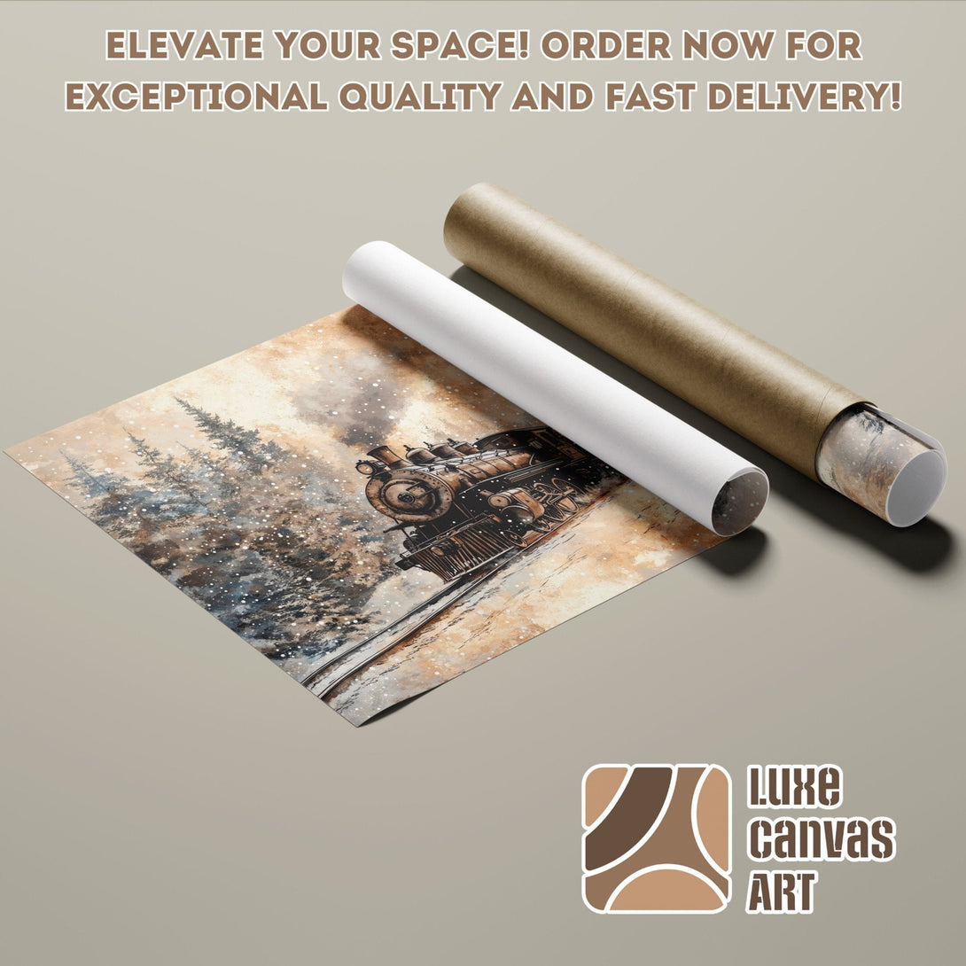 Poster roll featuring a vintage train in a winter scene, warm color palette.