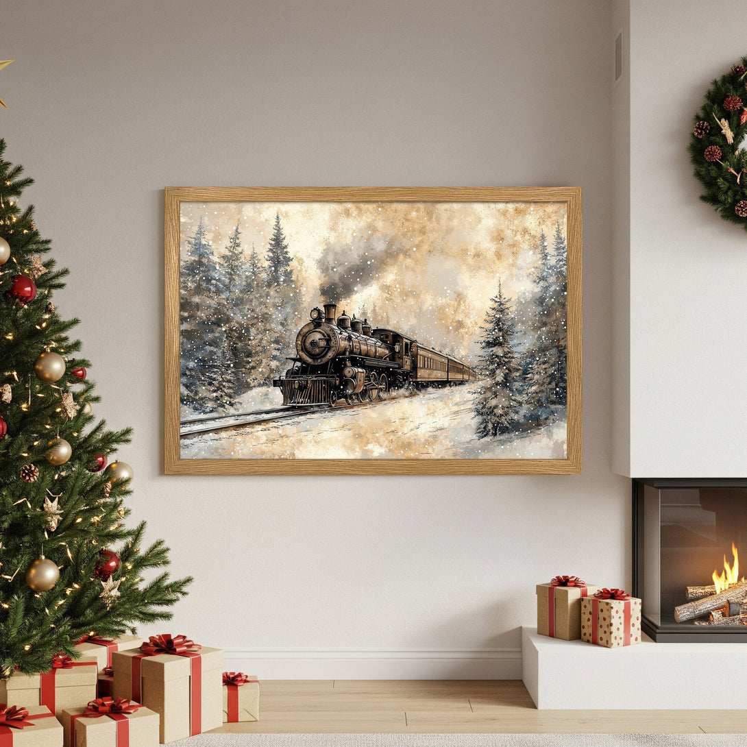 Framed Poster featuring a vintage train in a snowy landscape, warm color palette, perfect for holiday decor.