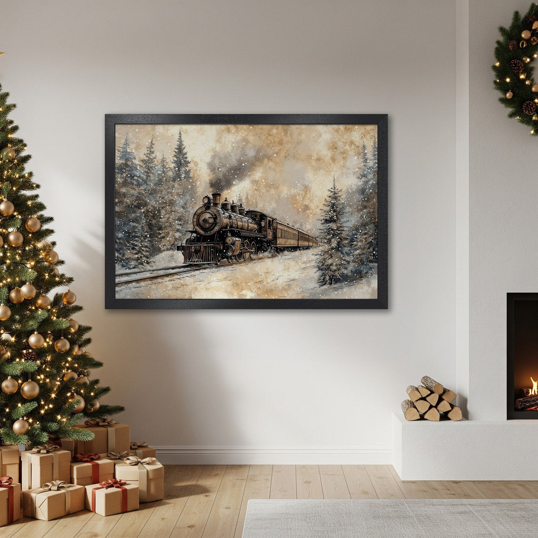 Framed Poster featuring a vintage train in a snowy forest scene. Warm, neutral color palette, perfect for holiday decor.