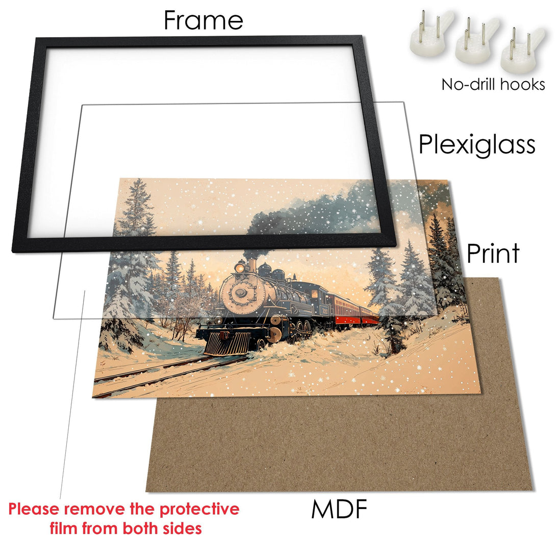 Framed Poster featuring a vintage train in a snowy landscape. Warm color palette with black frame. Perfect wall art!