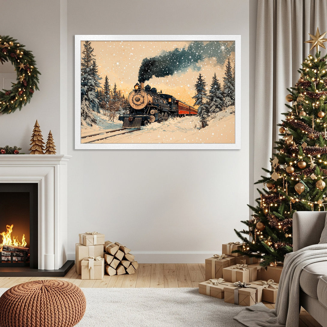 Framed Poster of a vintage train in a snowy landscape, warm color palette, perfect for holiday decor.