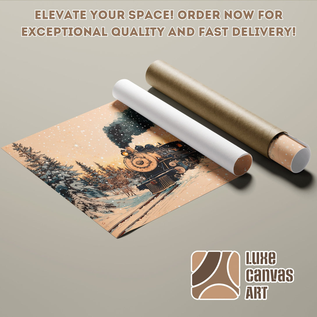 Poster Roll featuring a vintage train in a snowy landscape, warm color palette. Elevate your space!