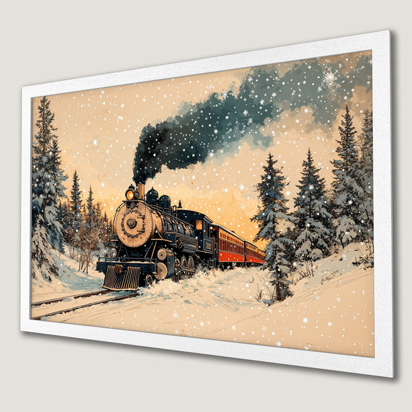 Framed Poster: Vintage train in a snowy winter landscape, warm beige and blue color palette. Perfect for home decor!
