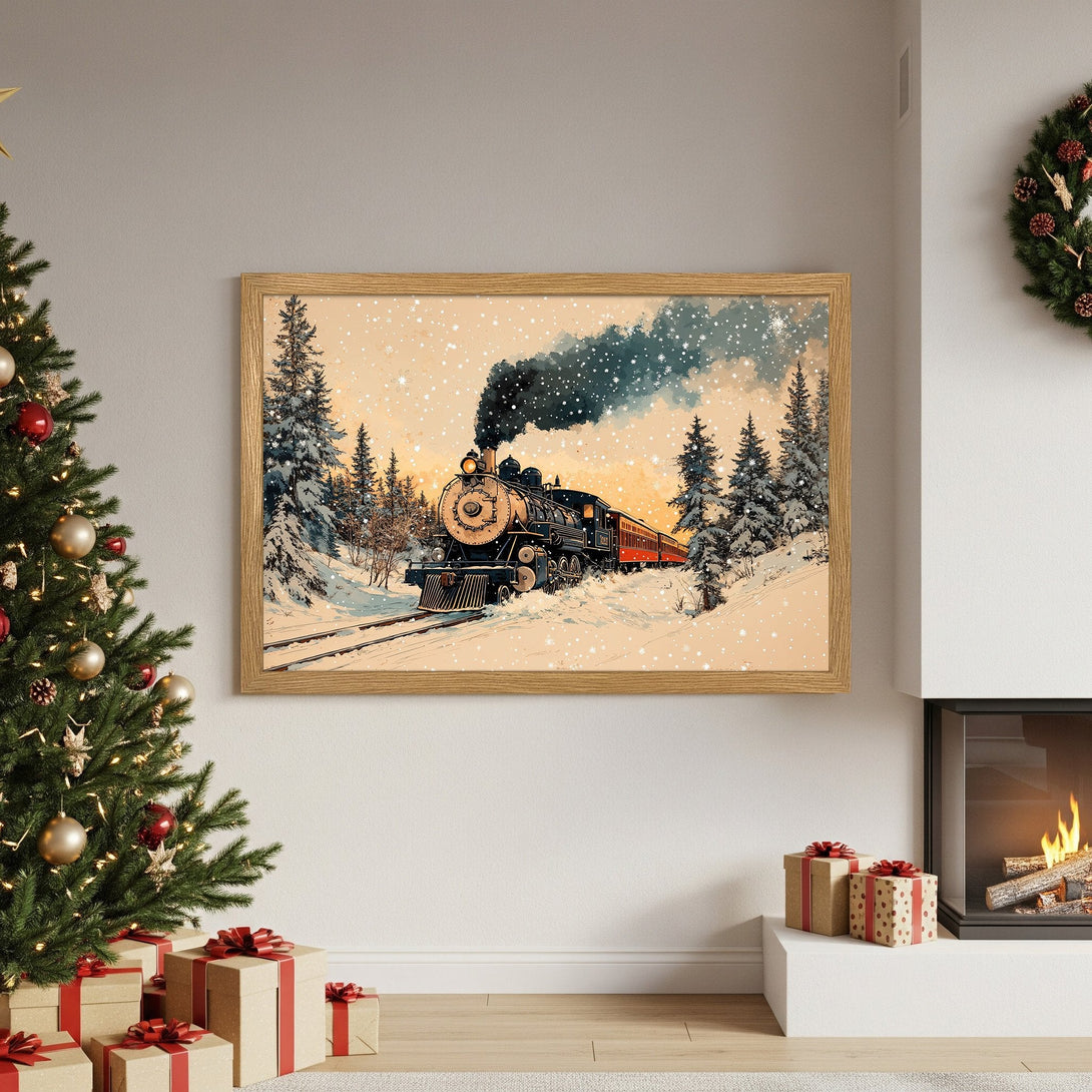 Framed Poster of a vintage train in a snowy forest. Warm, watercolor style with a neutral color palette. Perfect holiday decor.