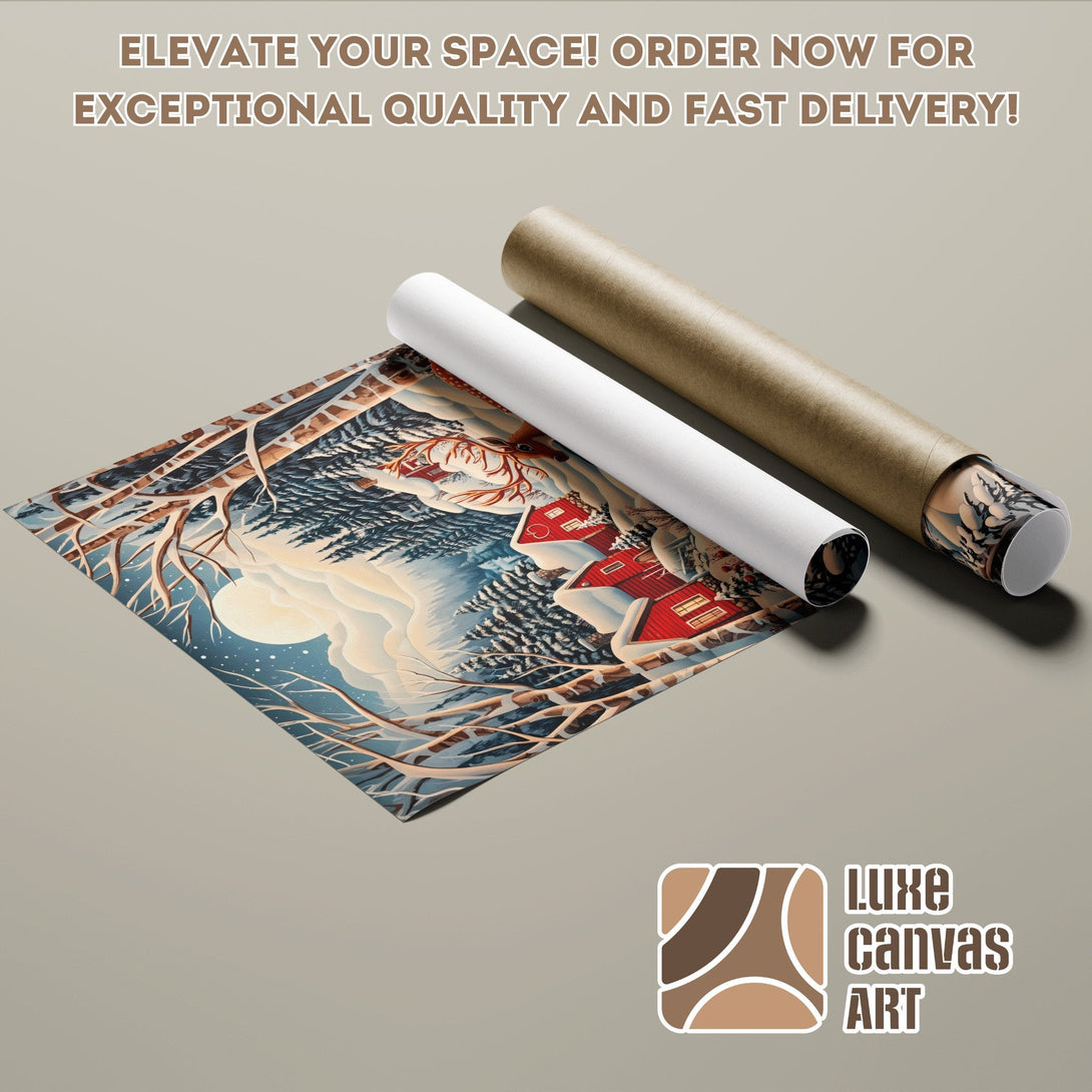 Poster Roll featuring a winter landscape art print with a red house, in a blue and brown palette.