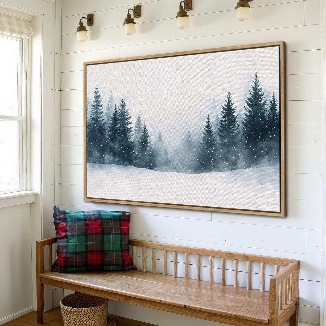 Framed Wall Art featuring a winter forest scene in a watercolor style with a blue and white color palette. Perfect for adding a touch of nature to your home.