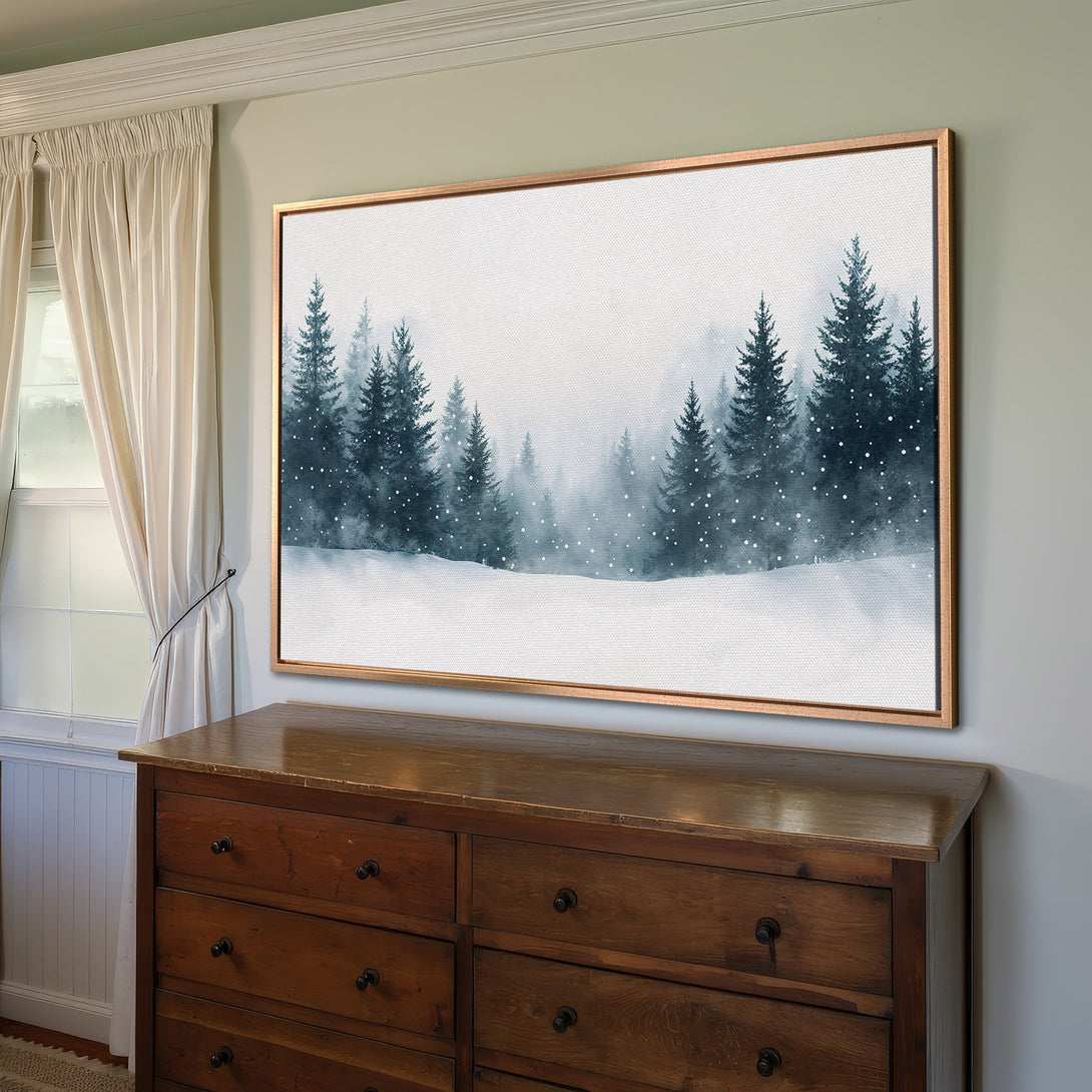 Framed Wall Art: Watercolor winter forest scene in blue and white. Perfect for adding a touch of nature and serenity to your home. Shop now!