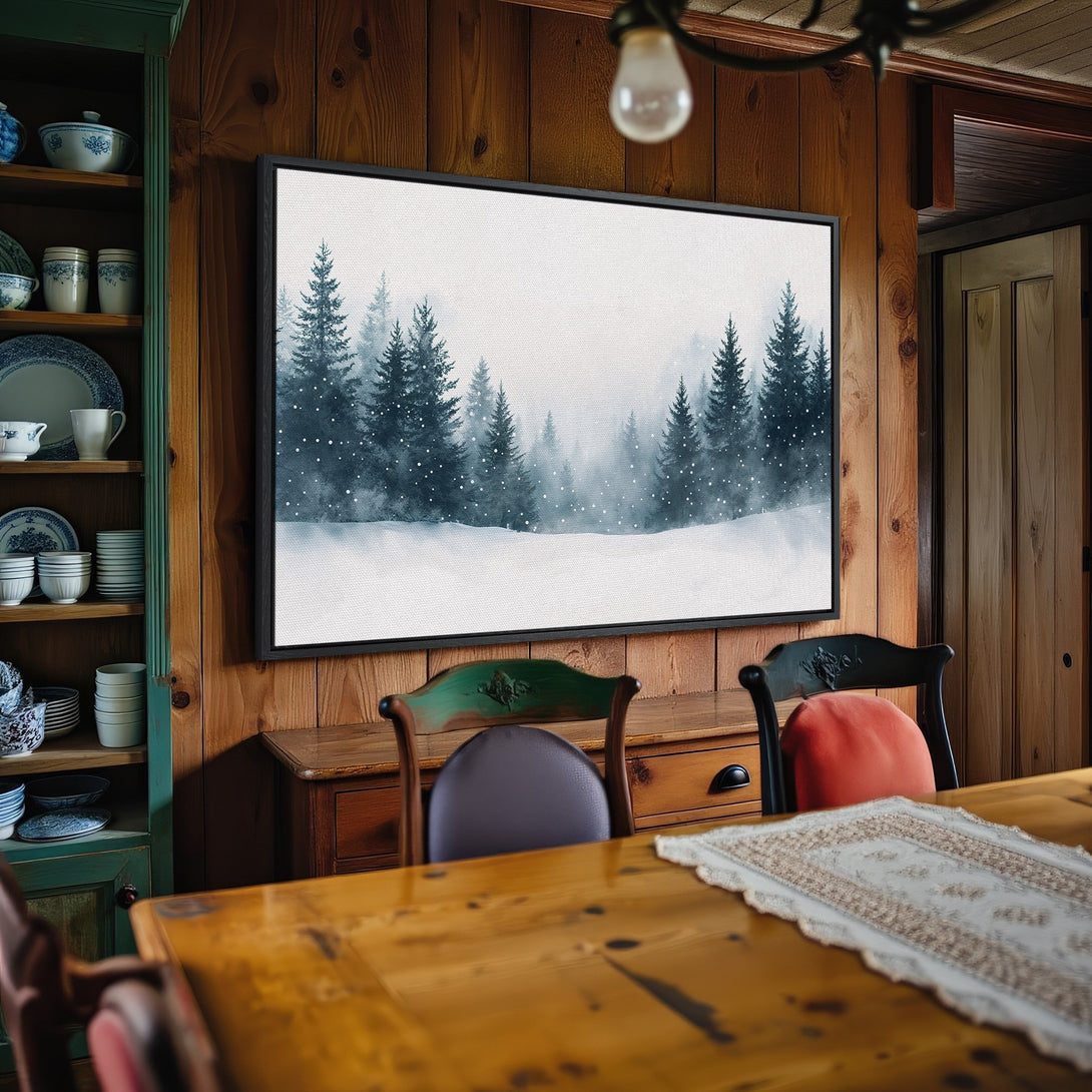 Framed Wall Art: Winter forest scene in blue and white. Adds a cozy, rustic touch to any space. Perfect for cabin decor.