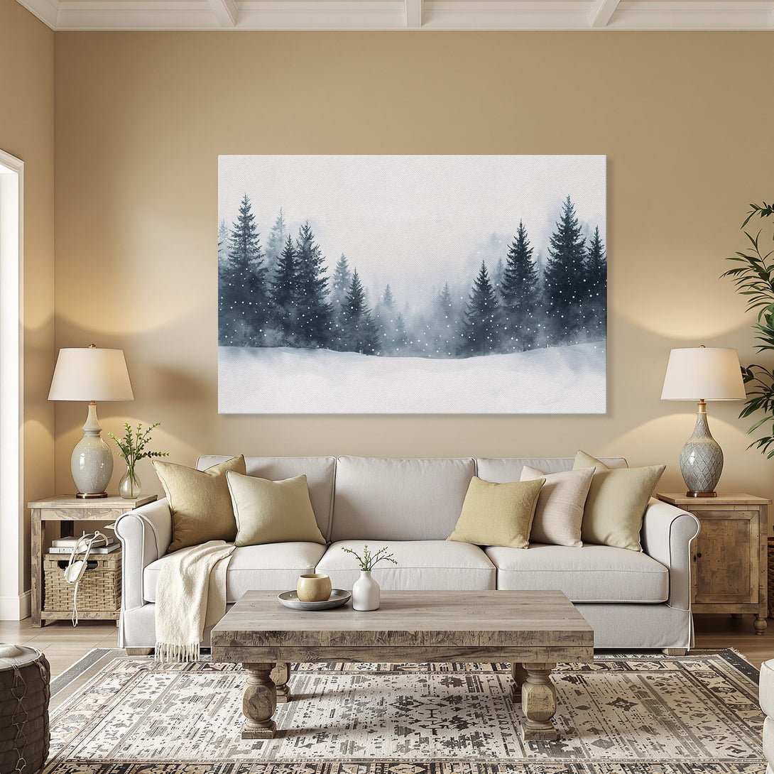 Framed Wall Art: Winter forest scene in blue and white watercolor style. Perfect for adding a touch of nature to your home decor.