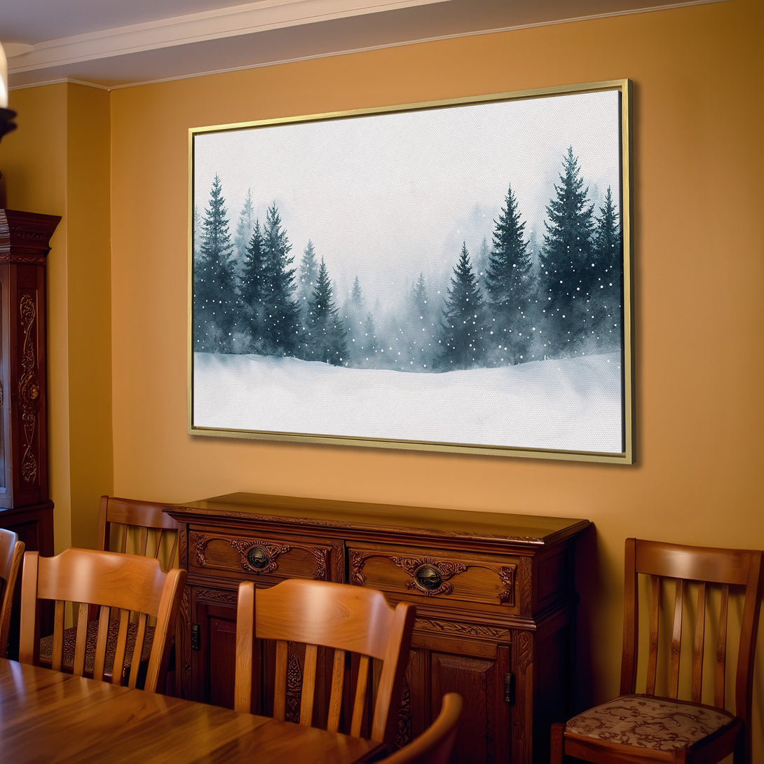 Canvas Print of a serene winter forest scene in cool blue and white tones, perfect for adding a touch of nature to your home decor.