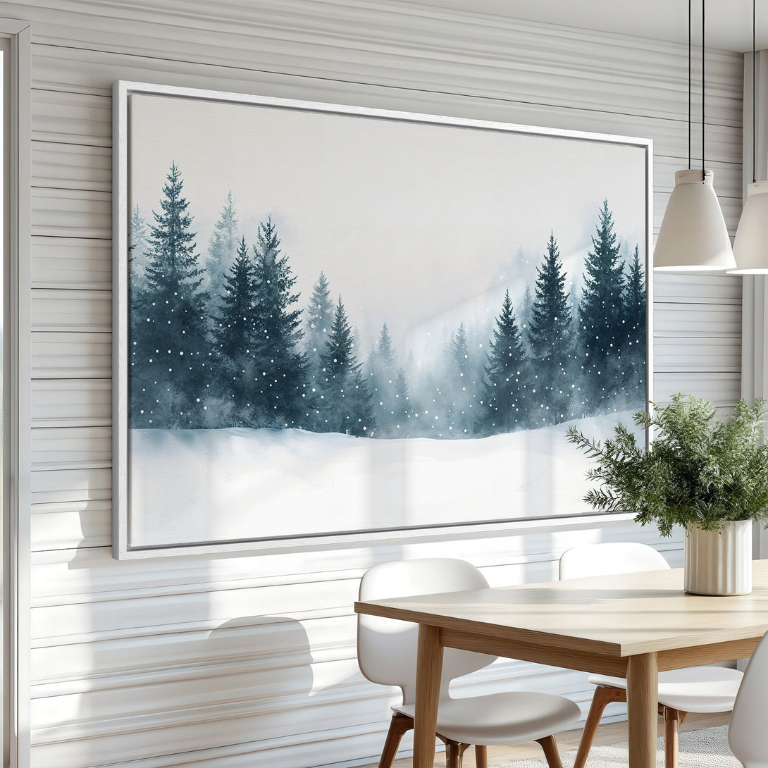 Framed Wall Art: Serene winter forest scene in watercolor style. Blue and white color palette creates a calming atmosphere. Perfect for modern home decor.