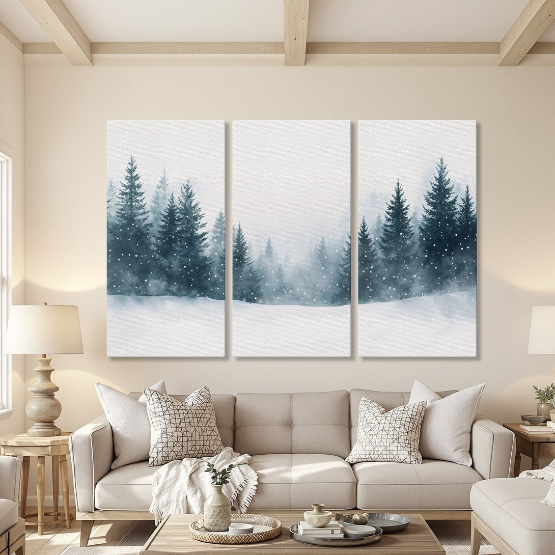 Canvas Print of a winter forest scene in watercolor style, featuring a blue and white color palette. Perfect for adding a serene touch to your home!