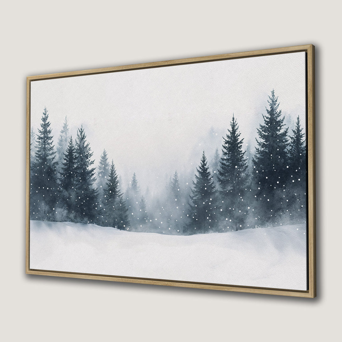 Canvas Print of a winter forest scene in watercolor style, featuring a serene blue and white color palette. Bring the outdoors in!