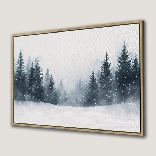 Canvas Print of a winter forest scene in watercolor style, featuring a serene blue and white color palette. Bring the outdoors in!