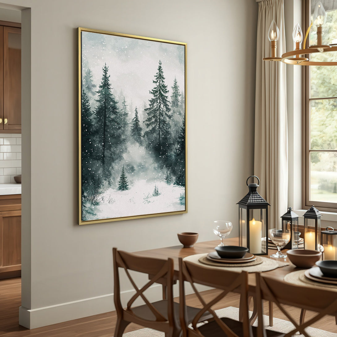 Canvas Print featuring a serene winter forest scene in watercolor style. The artwork showcases a muted, cool color palette of gray and green.