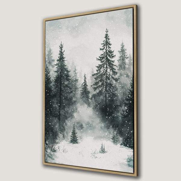 Framed Wall Art: Winter forest scene Canvas Print in watercolor style. Serene landscape with snowy trees in a muted gray and green color palette. Perfect for home decor.
