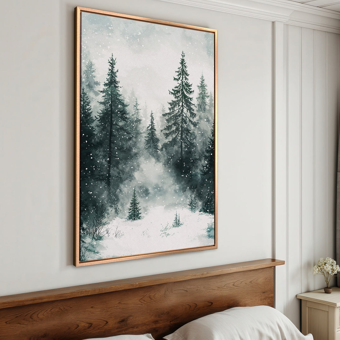 Framed Wall Art: Serene winter forest scene in watercolor style. Features a cool, muted palette of greens, blues, and whites, perfect for adding a touch of nature to your home.