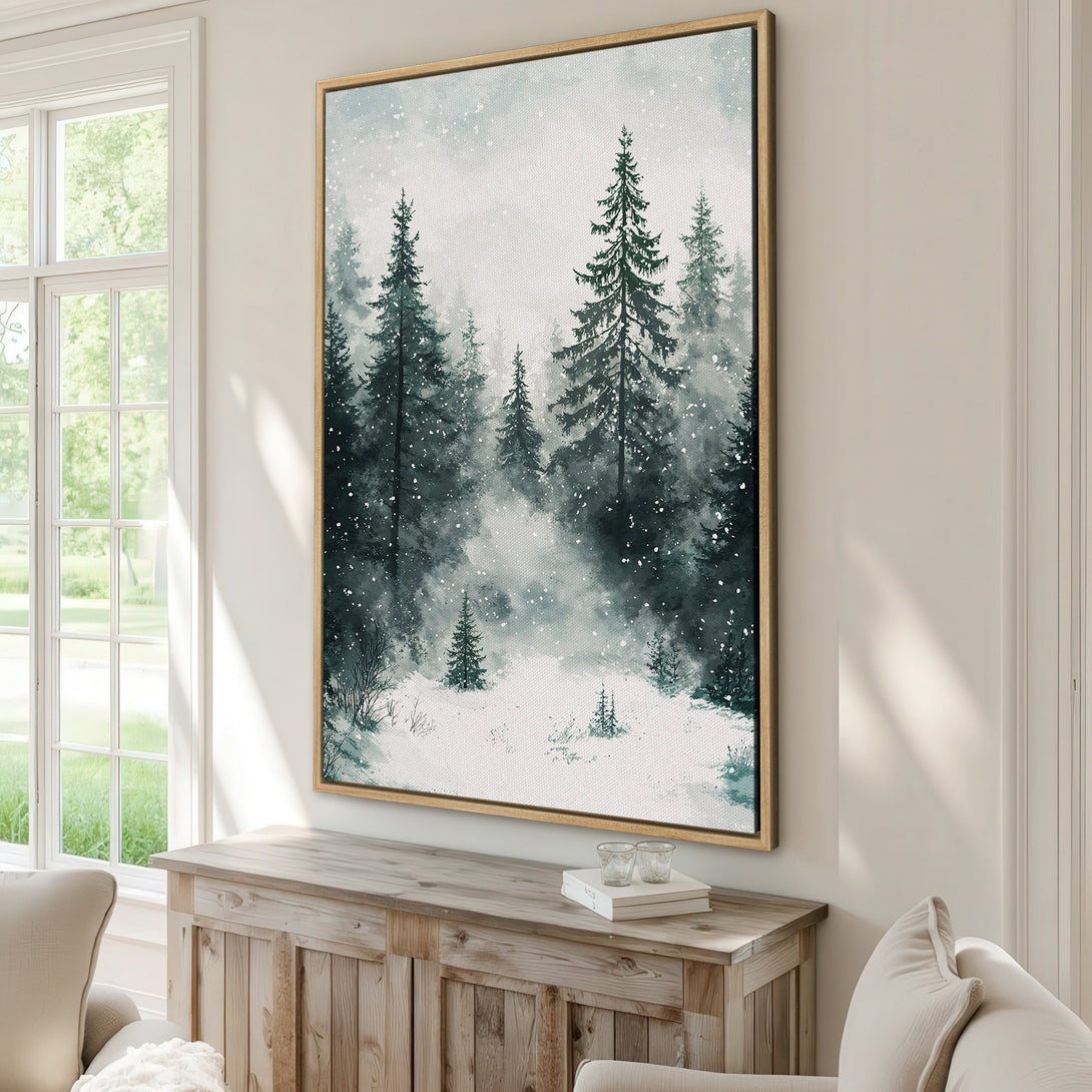 Framed Wall Art: Winter forest scene in watercolor style. Features a snowy landscape with evergreen trees in a cool blue and green color palette. Perfect for home decor.