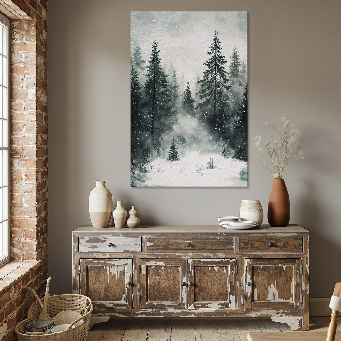 Framed Wall Art: Watercolor forest scene in cool blues & greens. Perfect for adding a touch of nature to your dining room decor. Shop now!