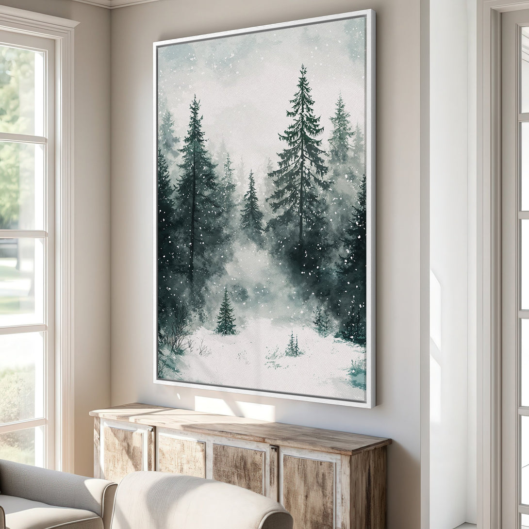 Framed Wall Art: Winter forest scene canvas print in muted green and gray tones. Perfect for adding a touch of nature and tranquility to your home decor.