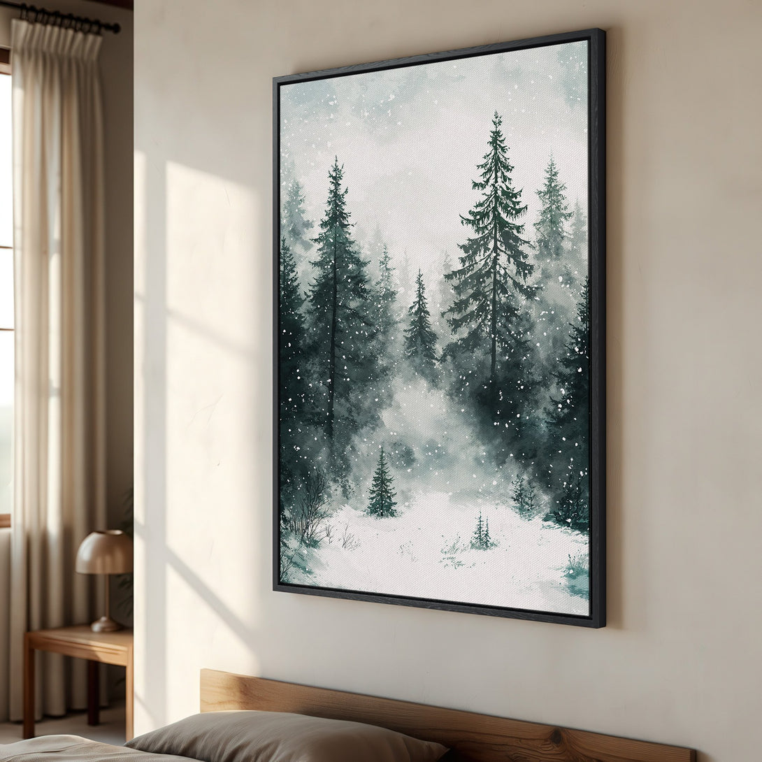 Framed Wall Art: Watercolor forest scene in cool green and gray tones. Perfect art for a cozy bedroom. Bring the outdoors in with this Canvas Print!