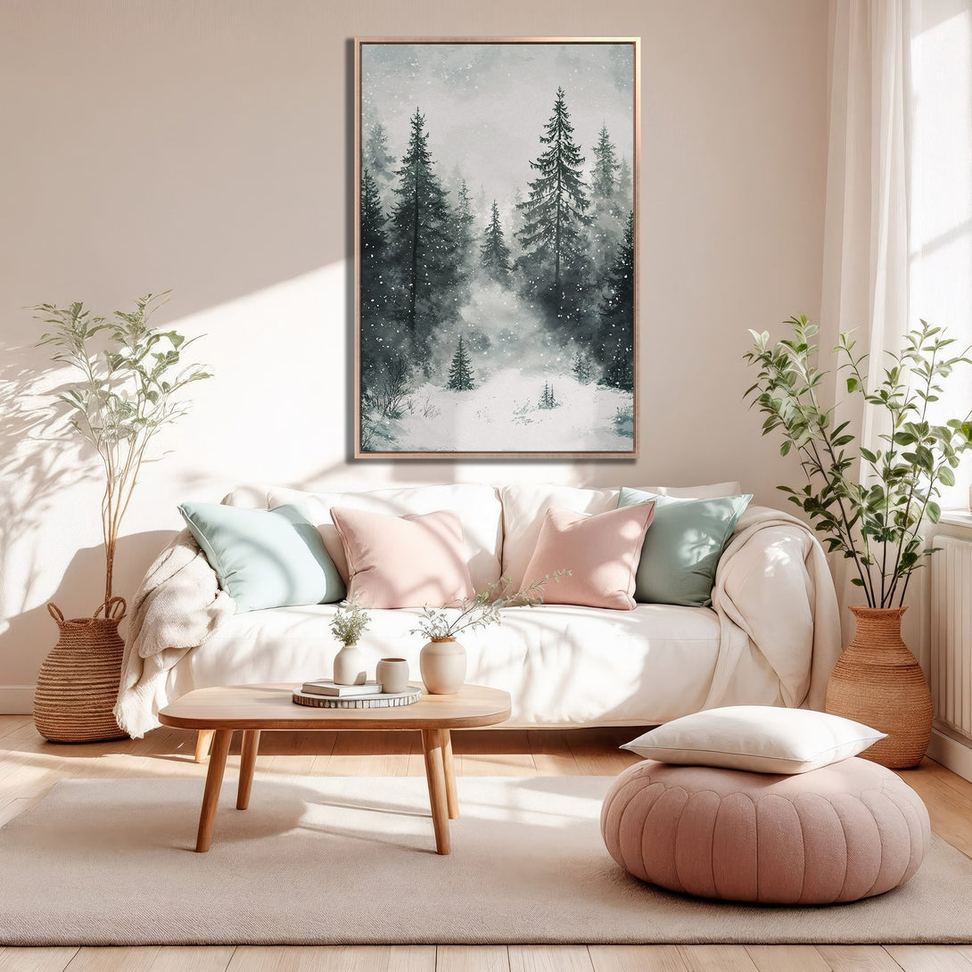 Framed Wall Art featuring a serene watercolor forest scene in cool blues and greens. Perfect for adding a touch of nature to your home decor.