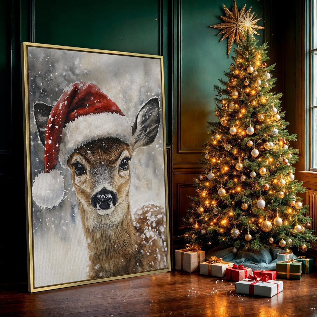 Canvas Print of a charming deer wearing a Santa hat in a watercolor style. Festive wall art with a warm brown and snowy white color palette.