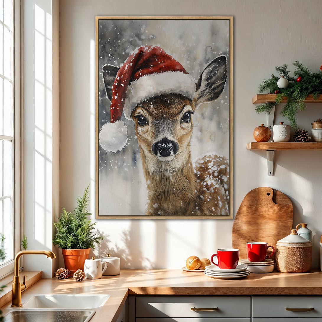 Framed Wall Art: Watercolor deer in Santa hat. Rustic style, warm brown and red tones. Perfect Christmas decor for your kitchen or living room.