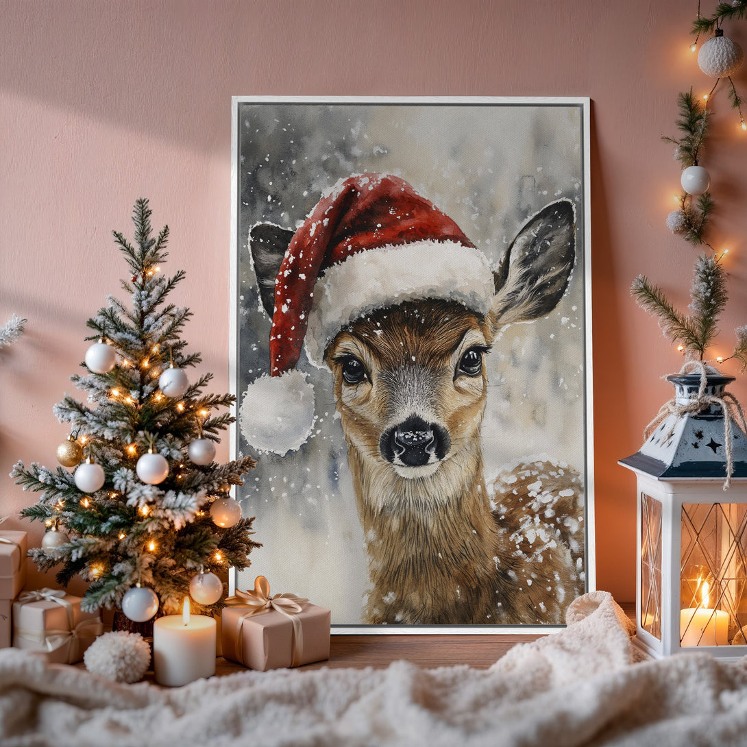 Framed Wall Art: Watercolor deer in Santa hat. Warm, neutral color palette. Perfect Christmas decor for cozy interiors.