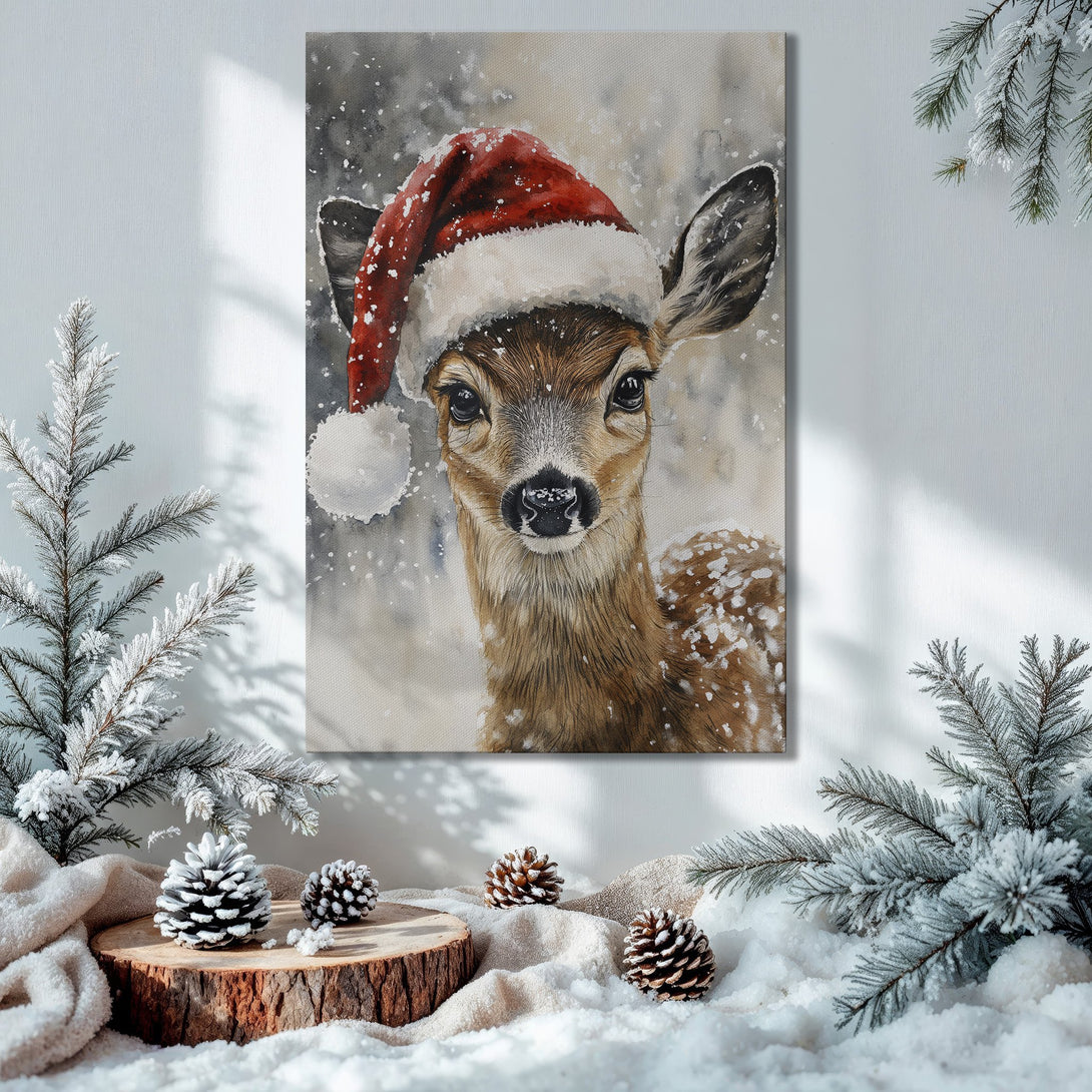 Framed Wall Art: Watercolor deer in Santa hat. Festive holiday decor with warm, cozy tones. Perfect Christmas gift!