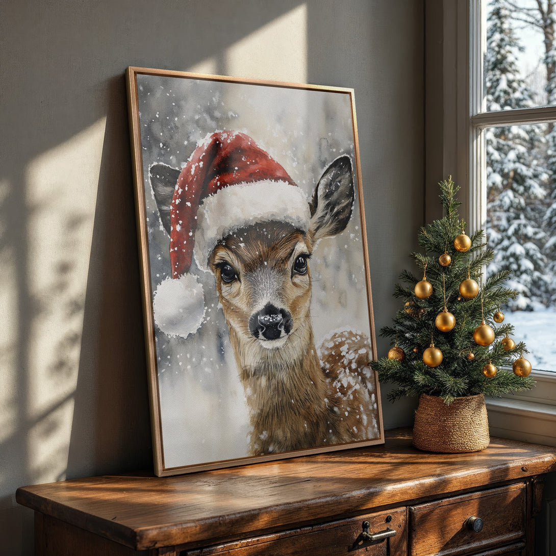Framed Wall Art: Watercolor deer in Santa hat. Winter scene with neutral and red tones. Perfect Christmas decor for your home!