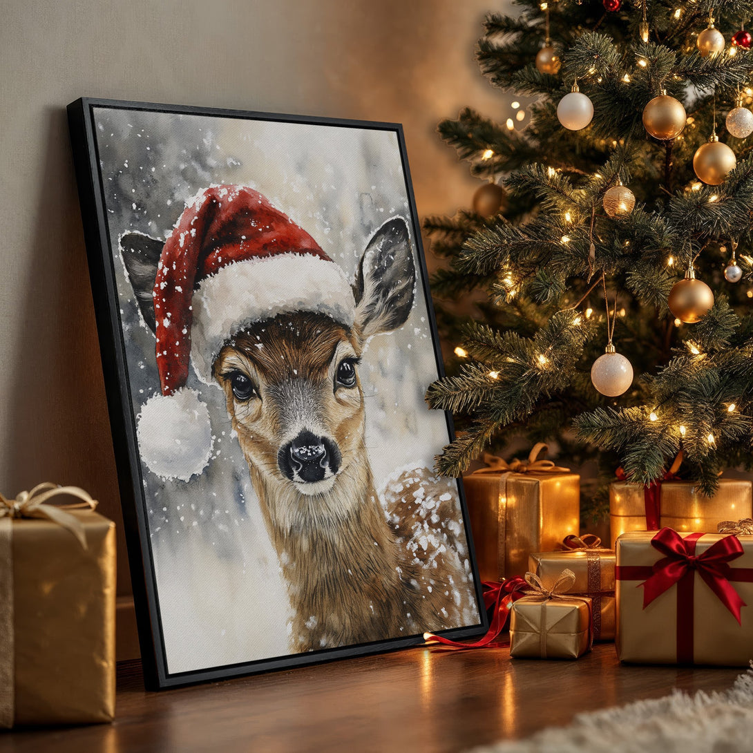 Framed Wall Art featuring a watercolor deer in a Santa hat. Festive holiday decor with a warm, neutral color palette. Perfect Christmas gift idea!